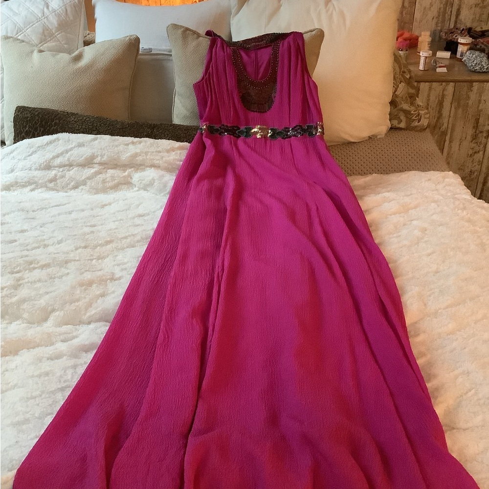 Nanette Lepore Fuchsia Maxi Dress with Intricate bead detail.